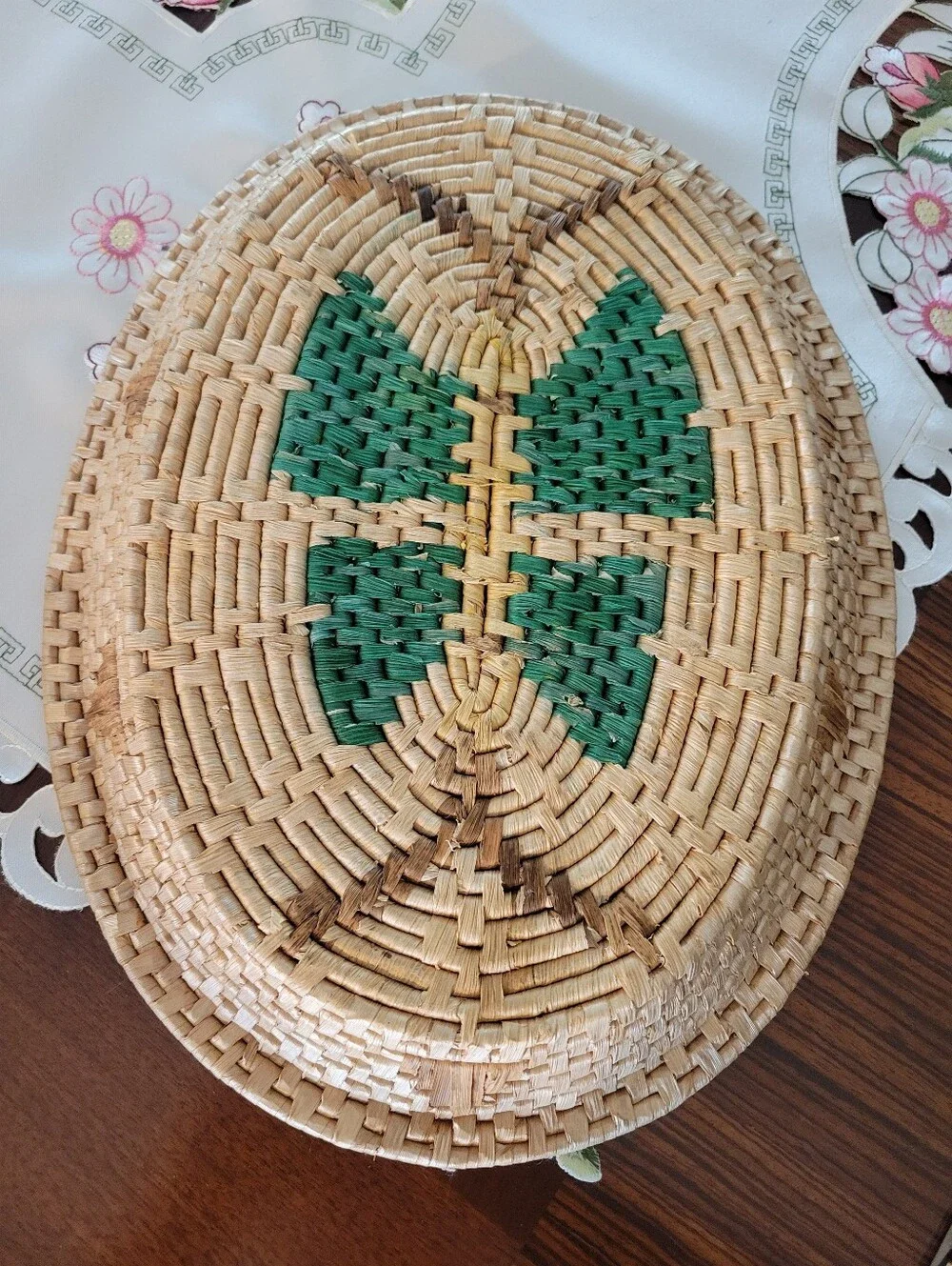 Handwoven Natural and Green Decorative Woven Basket Bowl
